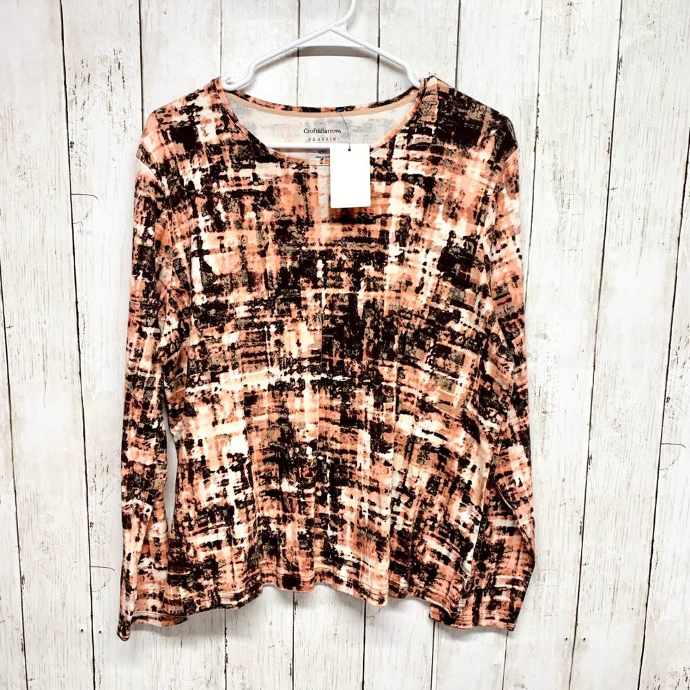 Croft &‎ Barrow Classic Abstract Print Top Womens XXL Peach Black Cotton Rustic